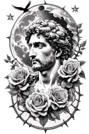 marcus aurelius and roses surrounded thorns earth sky moon stars birds tattoo design idea