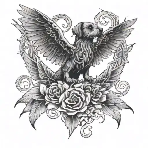 celtic tattoo with dragon and bird of paradise symbiosis, bee flying around, airedale terrier paws,  tattoo design idea