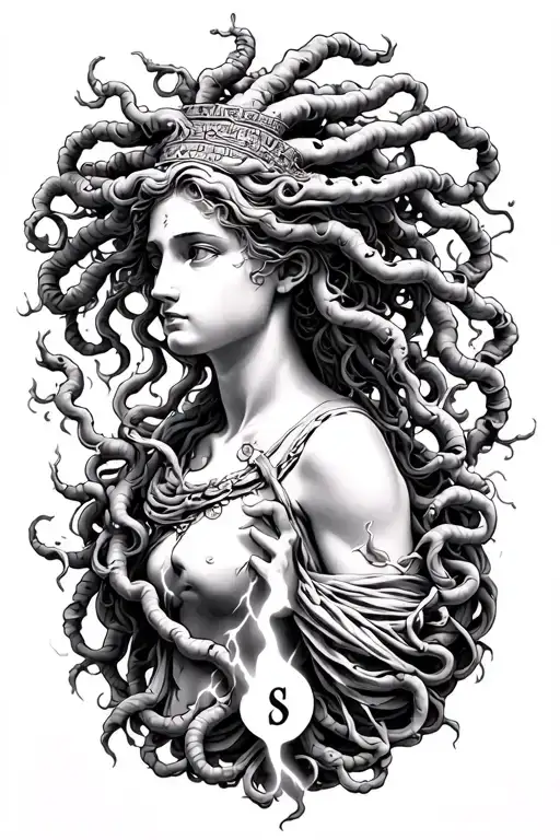 medusa greek mythology and time heals all and vines and lightning  tattoo design idea