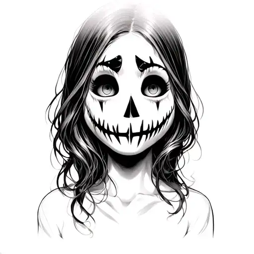 Can you draw me a tattoo of a girl who is sad, with a hallow mask that looks happy across her face tattoo design idea