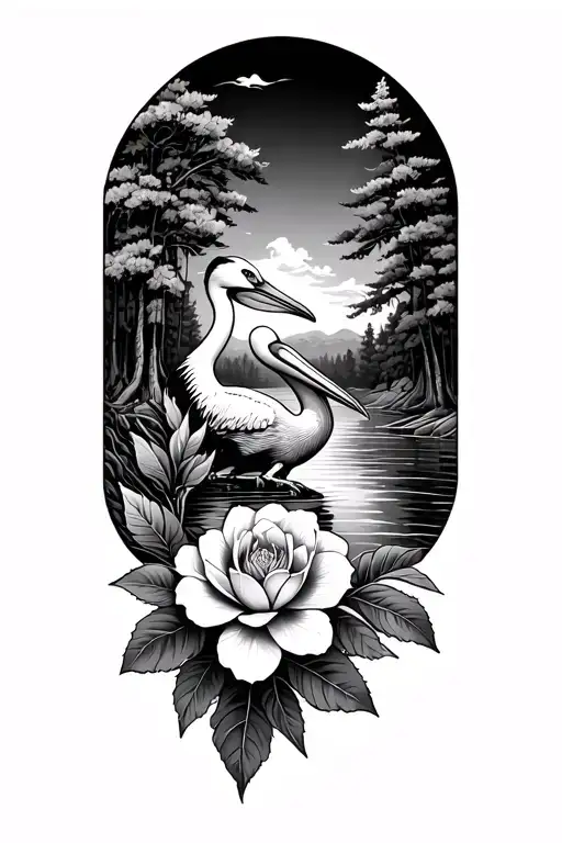 running river, cypress trees, pelican, camelia flower tattoo design idea