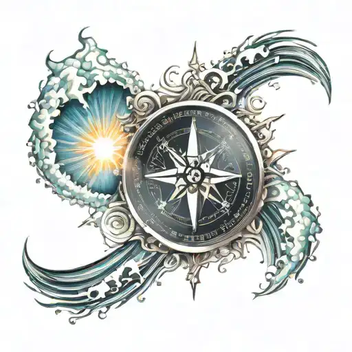 compass rose inside pipeline wave crashing with sun rays breaking through  tattoo design idea