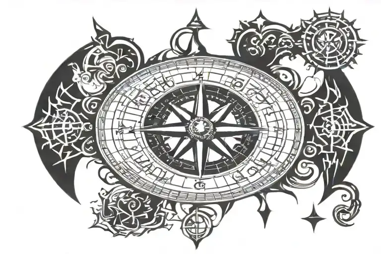 viking compass surrounded by various runes and symbols tattoo design idea