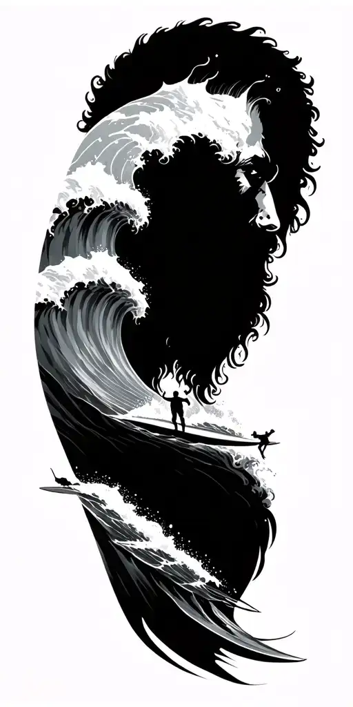 pseidon, beard turning into wave with 3 surfers, underwater scene with 2 scuba divers, arm full sleeve in black, grey tattoo design idea