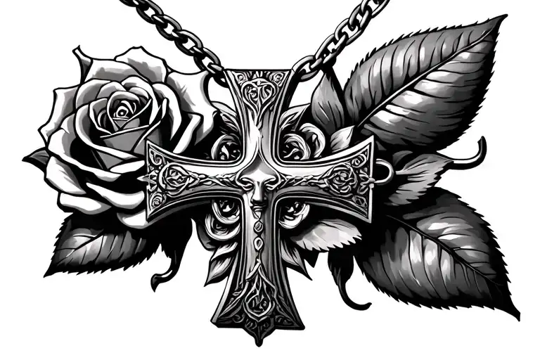 Sun god roses chain cross necklace tattoo design idea