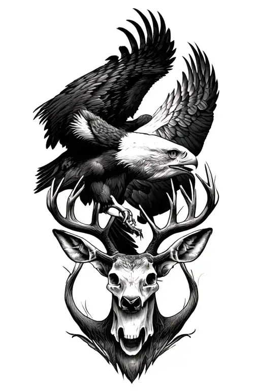 skulls and eagle and buck two doe tattoo design idea