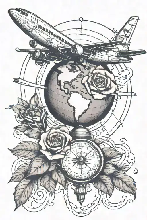 globe under a rose with a plane flying around  tattoo design idea