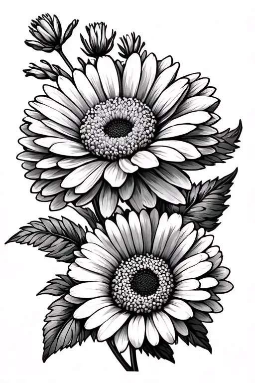 one of each flower chrysanthemums, sweet peas, asters, and marigolds in black and white tattoo design idea