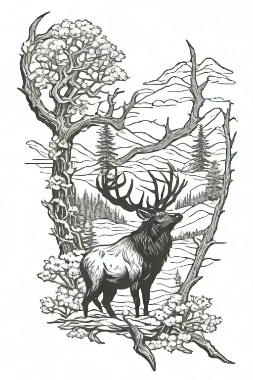 elk and bow hunting scene tattoo design idea