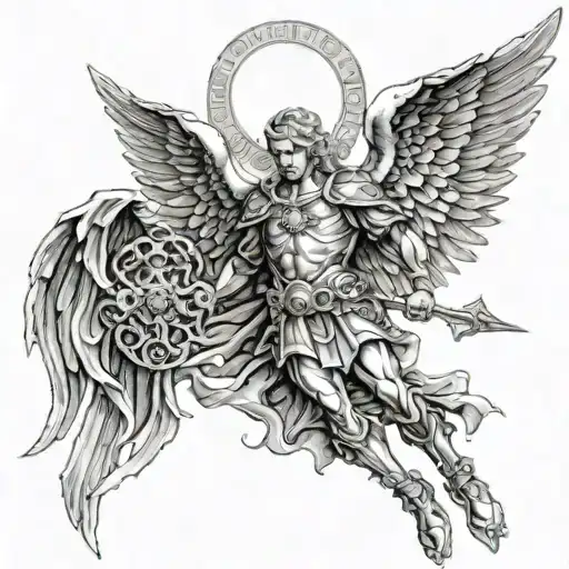 Saint Michael the Archangel in a demonic church on the back tattoo design idea