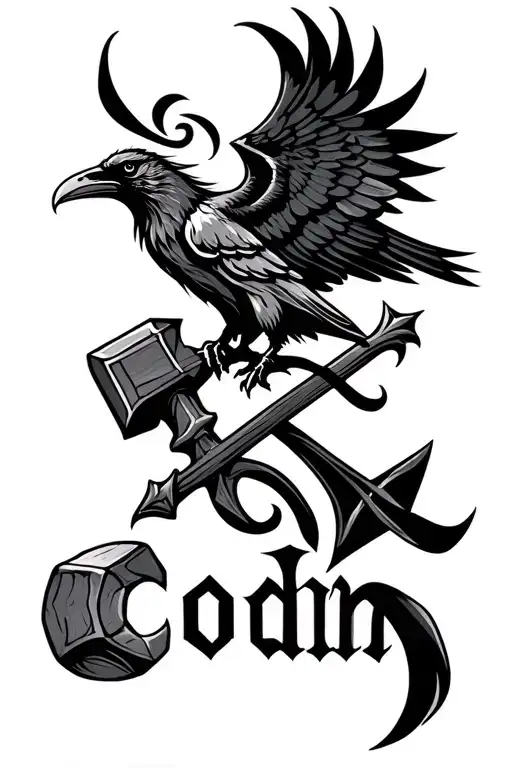 Odin's name with odins raven and thors hammer tattoo design idea
