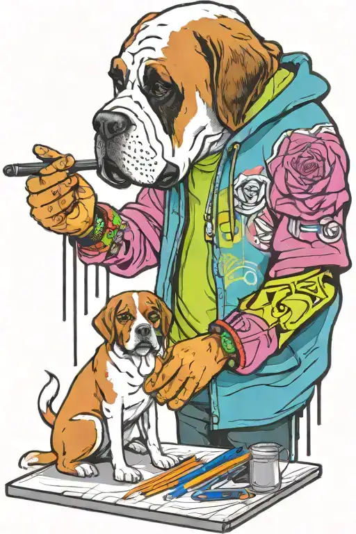 standing graffiti artist creating a masterpiece. replace human head for st Bernard head. holding a marker pen tattoo design idea