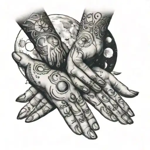 phases of the moon, massaging hand(s) , witchy tattoo design idea