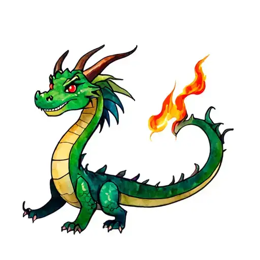a dragon with a long neck, red eyes, horns, short legs, fire breathing, green body, long tail, no scales, tail spik tattoo design idea