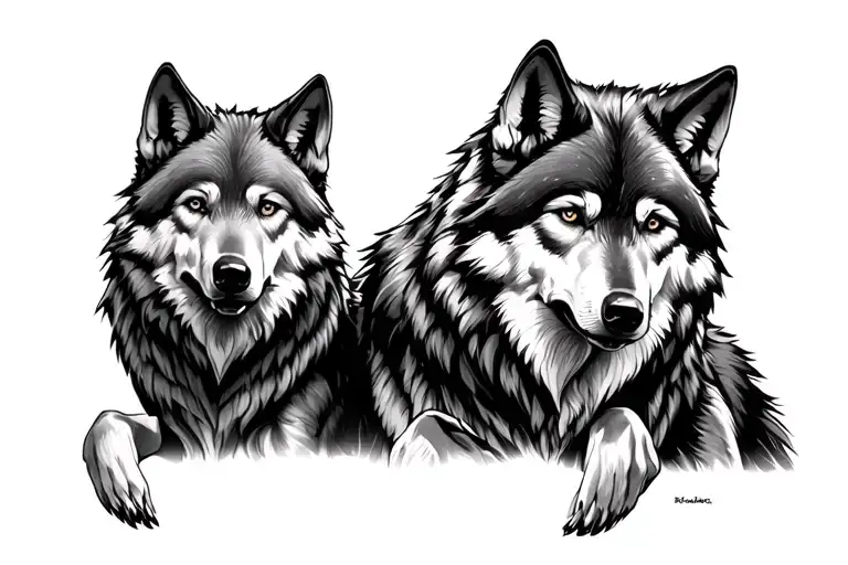 Two wolfes brother one is big one is litle whole body tattoo design idea