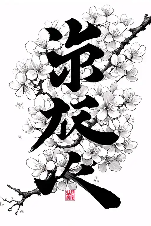 "愛、保護、成長" cherry blossom coming out of kanji written tattoo design idea