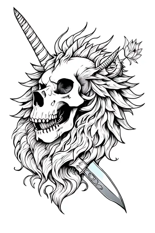 Skull, drakon, Lion, Lotus, unicorn, knife crossed tattoo design idea