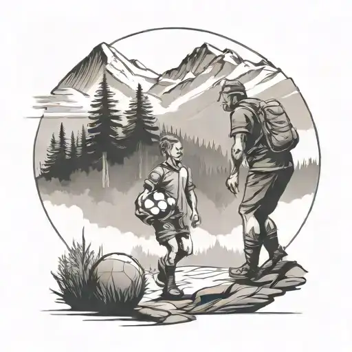 father and son in the mountains and forest, football, darts, long time tattoo design idea
