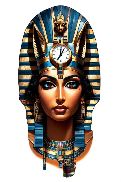 Nefertiti With Technology With Egyptian God Anubis, Inka Symbolism, All Seing Eye and clock Tattoo tattoo design idea