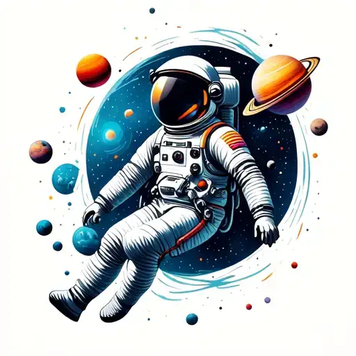 astronaut floating in space surrounded by planets tattoo design idea