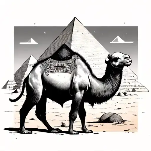 Large pyramid in the background simple, in front of it a camel in the middle. In the middle of the camel a bald head with SP tattoo design idea