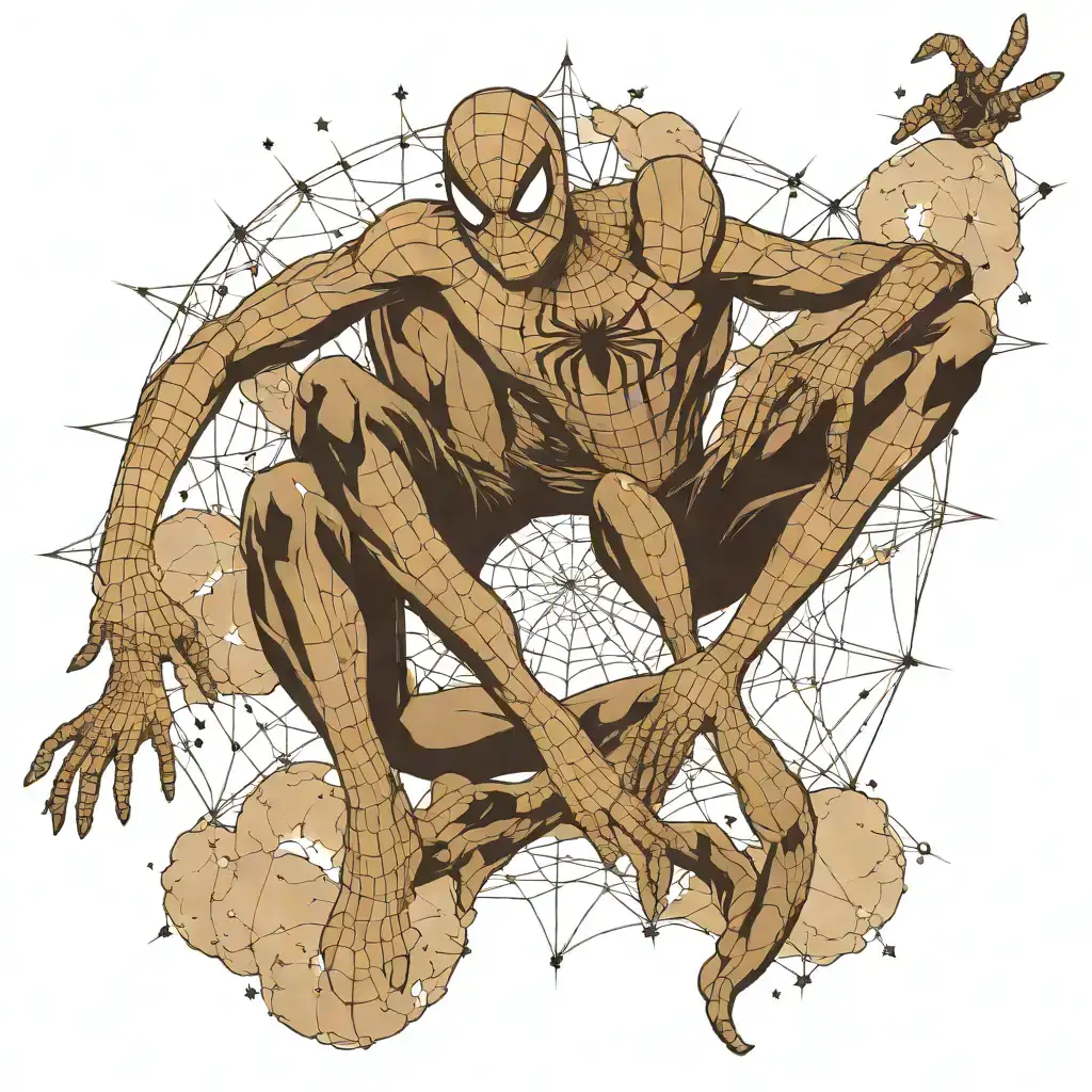 image of spiderman in black and white, looking up at the sky with the constellation of the southern cross in the sky, highly detailed, intricate, cinematic, dreamy and surrealistic tattoo tattoo design idea