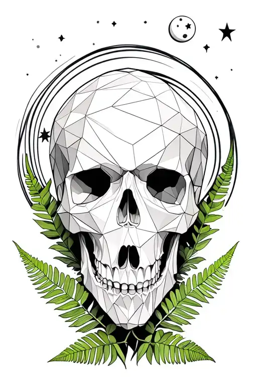 Low polygon skull with green ferns spiralling around it looking up to moon and stars above tattoo design idea