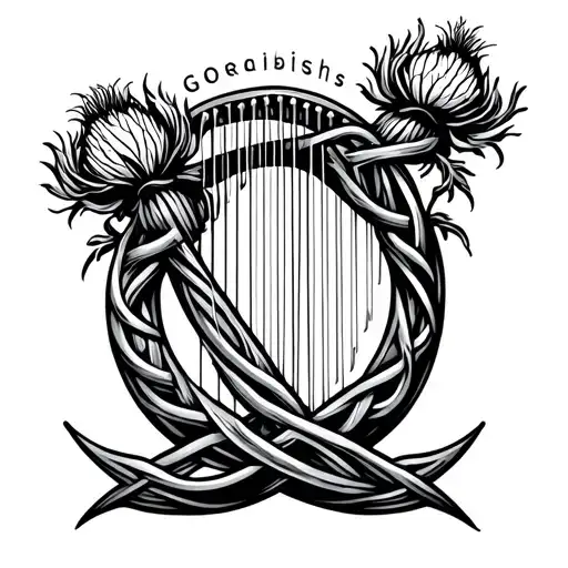 Scottish thistle with Irish Harp entwined in Celtic infinity knot  tattoo design idea