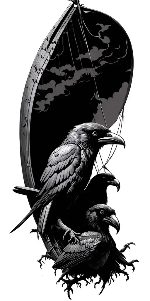 Viking Longship, 2 Ravens Huginn and Muninn and Yggdrasil tattoo design idea