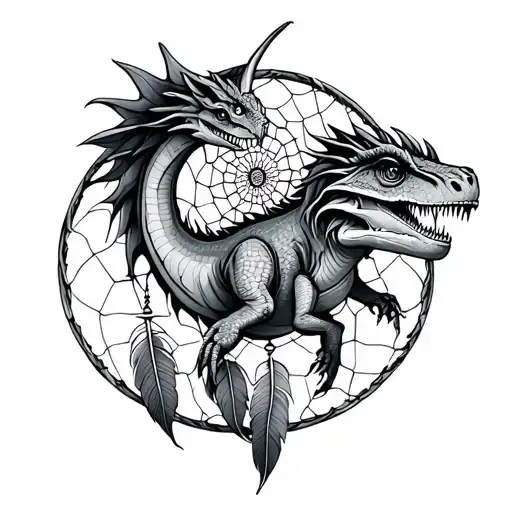 Dinosaur or dragon for forearm with a dream catcher subtle and cute  tattoo design idea