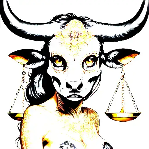 woman body bull with sugar skull markings, brown eyes and two Libra scales with extra dark background tattoo design idea