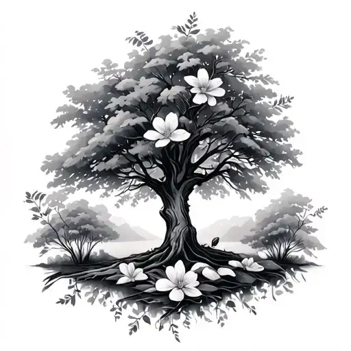 bible scriptures and flowers with trees tattoo design idea