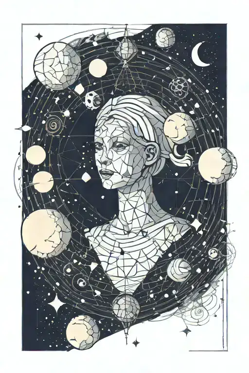 The planet Venus is in front of a full moon, surrounded by traces of constellations, full color tattoo design idea