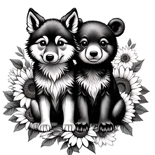 cute baby wolf and baby bear sitting with sunflowers and roses. black  tattoo design idea