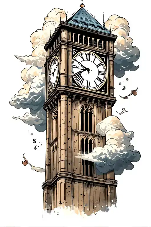 clock tower surrounded by clouds floating with roman numerals and coordinates next to it tattoo design idea