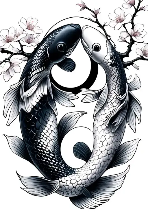 two koi fish yin yang with cherry blossom branch intertwined tattoo design idea
