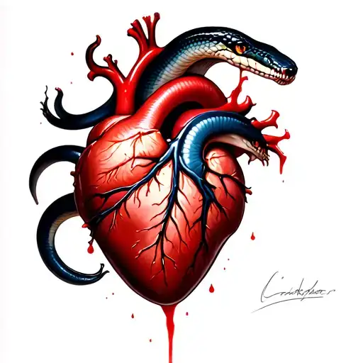 realistic heart being squeezed by a large snake with blood coming out the vains of the heart tattoo design idea