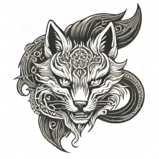 Japanese Kitsune mask split in half tattoo design idea
