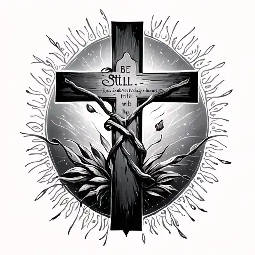 the Bible verse Be still with a cross going through it tattoo design idea
