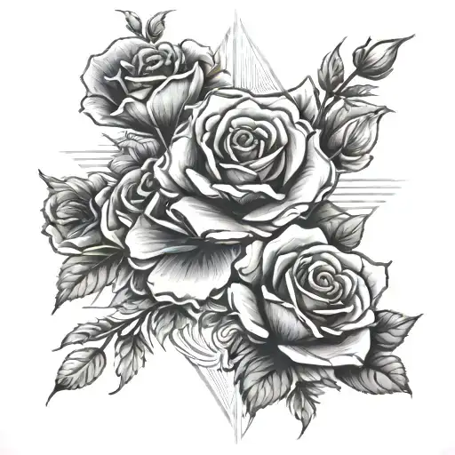 roses, poppies, cross, sun rays, 2 banners tattoo design idea
