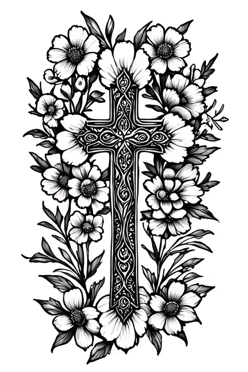 cross with small amount of flowers tattoo design idea