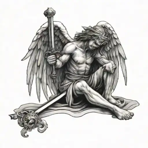 realism crying angel knee hug sitting while holding a sword upward tattoo design idea