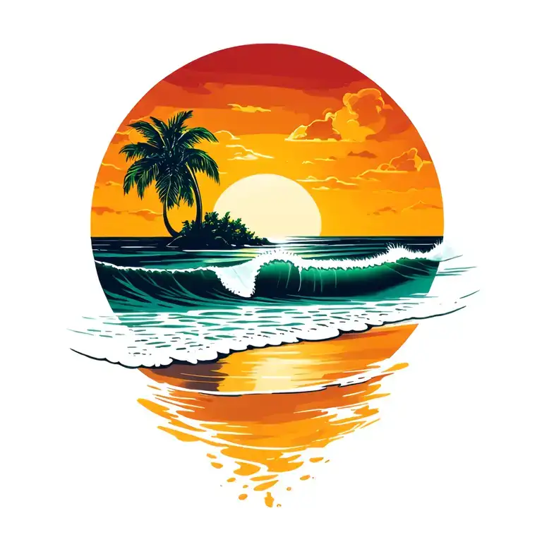 Costa Rica beach sunset scene with wave wash tapering off at bottom of tattoo tattoo design idea