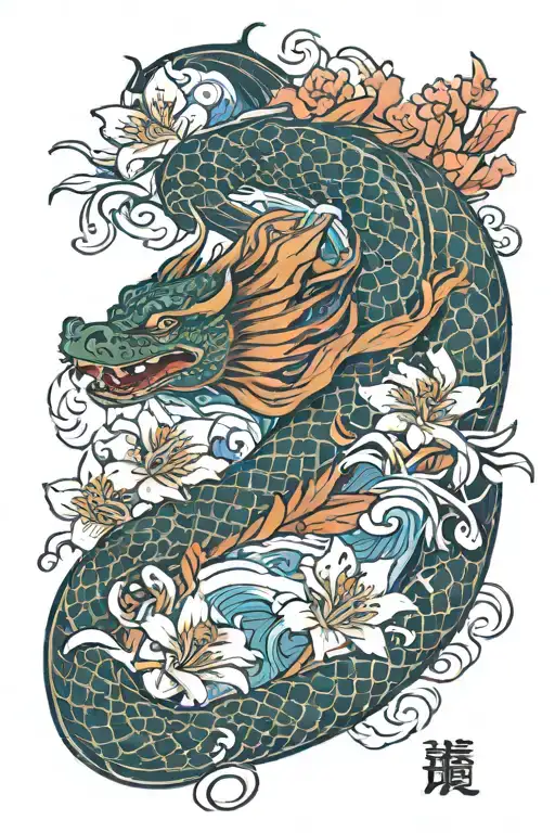 dragon, koi carp, japanese flowers, lycoris, waves ornament tattoo design idea