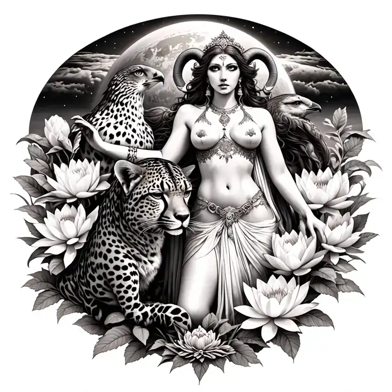 sexy aries goddess surrounded by poeny and lotus flowers growing with a cheetah and a hawk with mars in the background  tattoo design idea