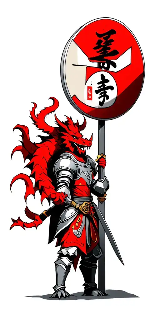 A red demon next to a road sign. A medieval knight in full armour next to the demon attacking it with a great sword tattoo design idea