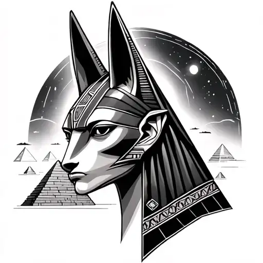 Anubis head, sci fi, pyramids behind, some space background tattoo design idea