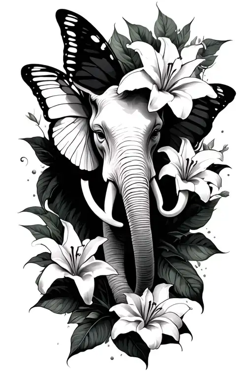 gemini sign, Lillies, small butterfly, elephant head tattoo design idea