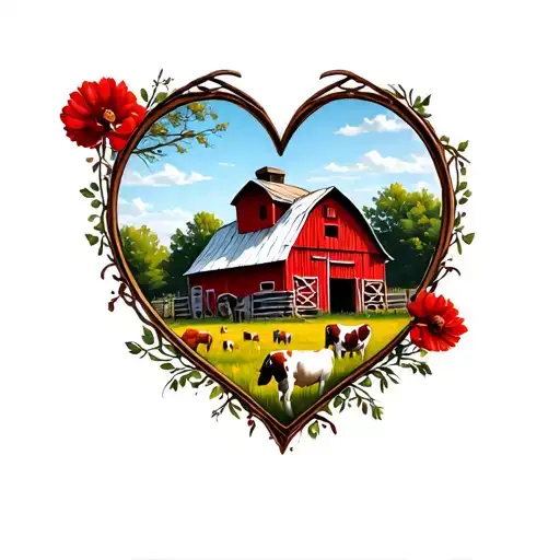 red midwestern barn and pasture inside heart shaped picture frame tattoo design idea