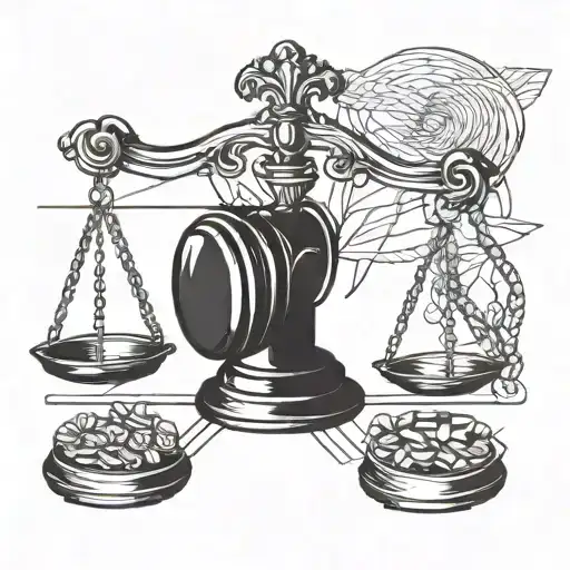 scales of justice with gavel and quil tattoo design idea